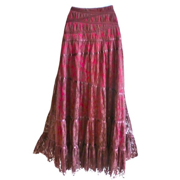 SOLD Bebe Maxi Floral Lace Overlay Skirt Burgundy Silk Ribbon Trim Raisonette - Picture 2 of 10